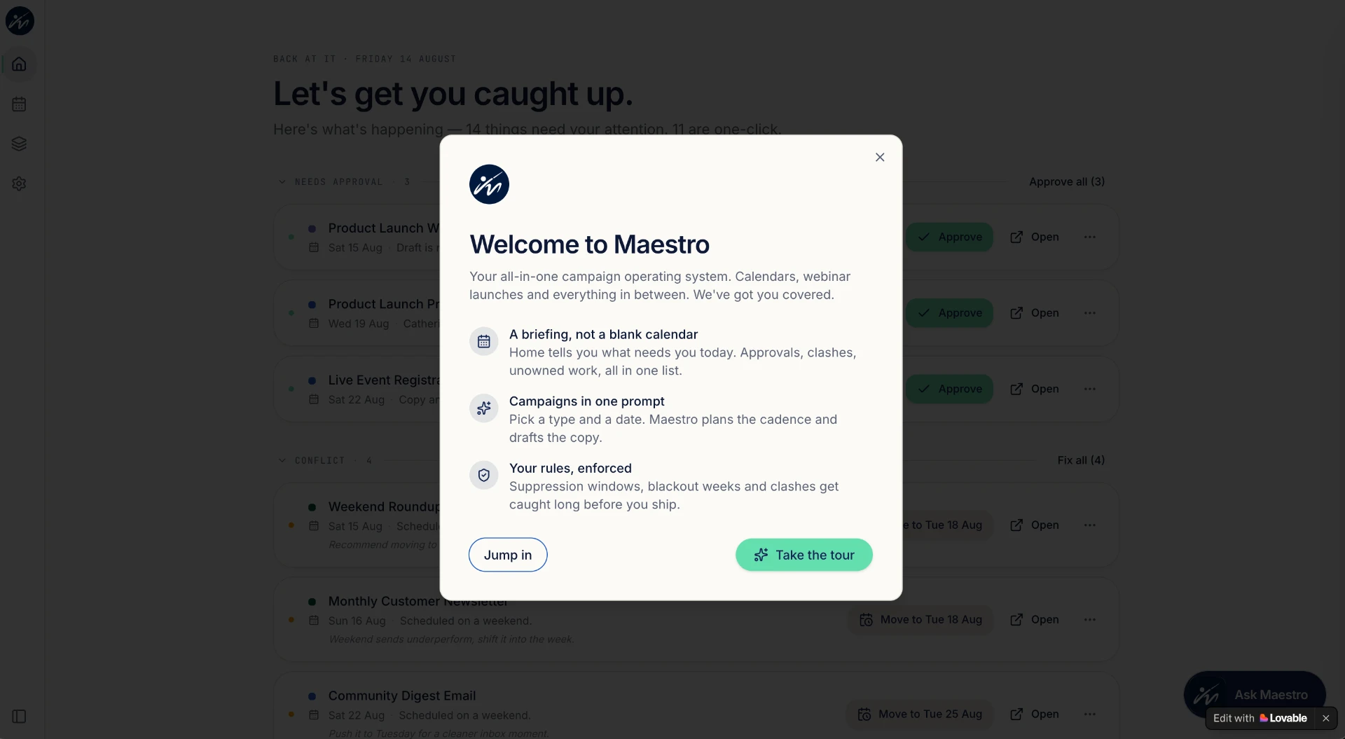 Maestro onboarding modal: 'Welcome to Maestro', an all-in-one campaign operating system