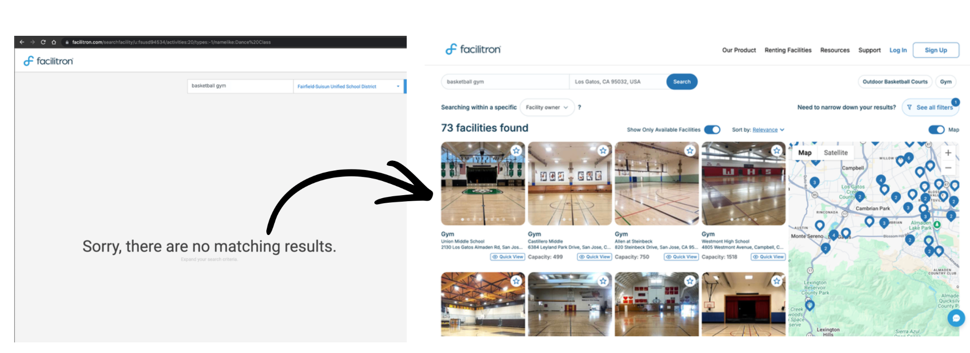 Facilitron search: before (no matching results) vs. after (73 facilities found with map view)